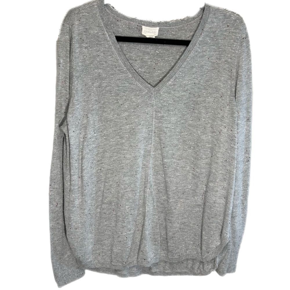 Caslon V-Neck Sweater Size Large Grey White & Purple Speckles Alpaca/Wool Blend